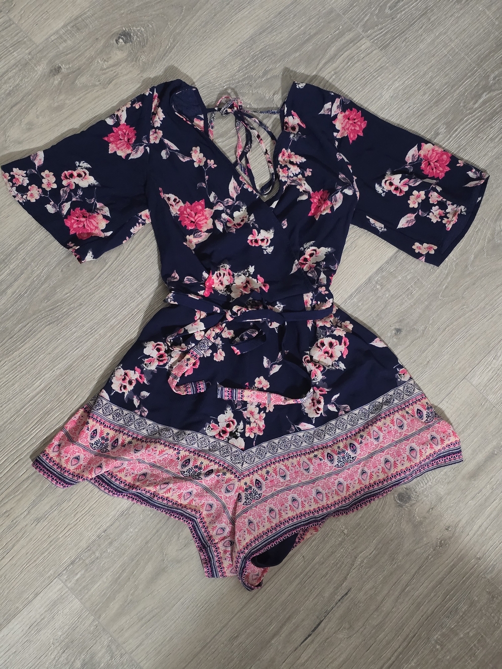Trixxi Navy Floral Tie-Back Romper with Pink Border